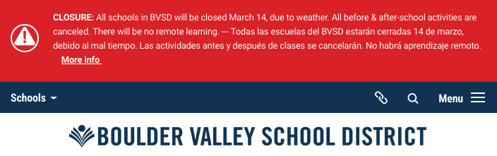 大雪警報 コロラド州ボルダー BVSD 学校は休み 2024年3月14日