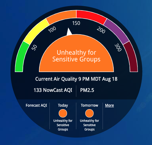 Air Now 大気汚染度 index コロラド州 Louisville 2020-08-18