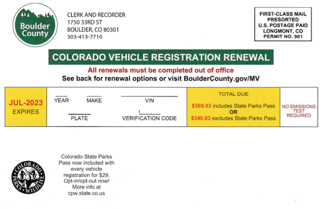 コロラド州 車両登録 州立公園パス付帯